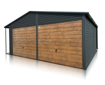 Skardinis garažas dviejų vietų, 7x6 m – stogas dvišlaitis, vartai pakeliami, Medžio imitacijos Juodos spalvos, stoginė 0,5 m