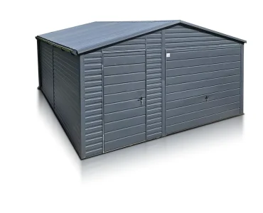 Skardinis garažas 5x6 m – stogas dvišlaitis, vartai pakeliami, Grafitas – Modelis 2