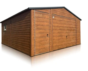 Skardinis garažas 5x5 m – stogas dvišlaitis, vartai pakeliami, Medžio imitacijos – Modelis 2
