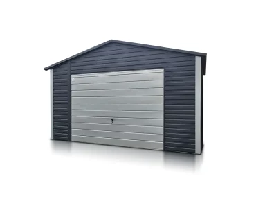 Skardinis garažas 5x5 m – stogas dvišlaitis, vartai pakeliami, Grafitas – Modelis 2