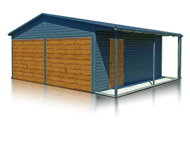 Skardinis garažas dviejų vietų, 7x5 m – stogas dvišlaitis, vartai pakeliami, Medžio imitacijos Grafitas