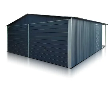 Skardinis garažas dviejų vietų, 6x6 m – stogas dvišlaitis, vartai pakeliami, Juodos spalvos