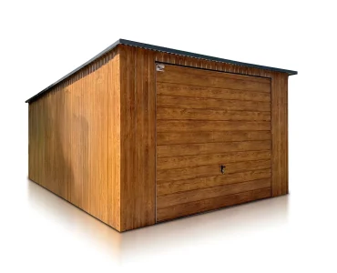 Skardinis garažas 4x6 m – stogas vienšlaitis, vartai pakeliami, Medžio imitacijos – Modelis 3