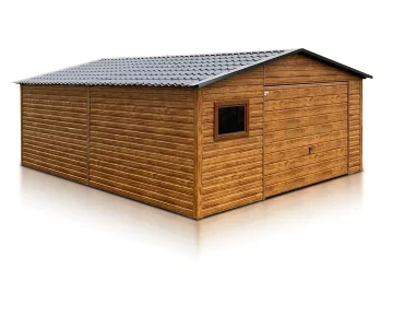 Skardinis garažas 5x6 m – stogas dvišlaitis, vartai pakeliami, Medžio imitacijos – Modelis 4