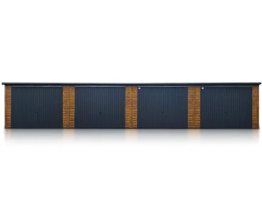 Skardinis garažas 14x6 m – stogas vienšlaitis, vartai pakeliami, Medžio imitacijos