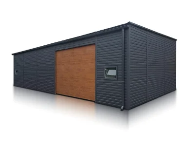 Skardinis garažas 12x6 m – stogas vienšlaitis, vartai segmentiniai, Medžio imitacijos Grafitas