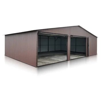 Skardinis garažas dviejų vietų, 9x6 m – stogas dvišlaitis, vartai pakeliami, Tamsiai ruda