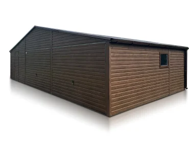 Skardinis garažas dviejų vietų, 9x5 m – stogas dvišlaitis, vartai pakeliami, Tamsiai ruda – Modelis 2