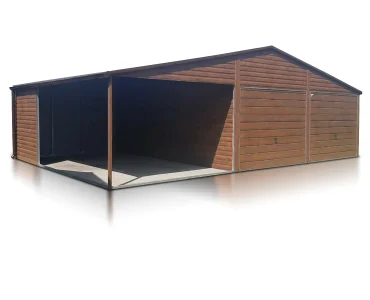 Skardinis garažas dviejų vietų, 10x5 m – stogas dvišlaitis, vartai pakeliami, Medžio imitacijos Tamsiai ruda