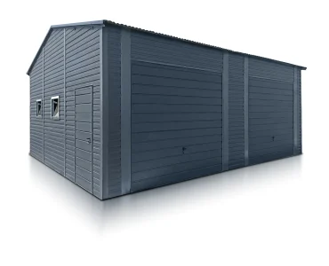 Skardinis garažas dviejų vietų, 7x6 m – stogas dvišlaitis, vartai pakeliami, Grafitas – Modelis 2