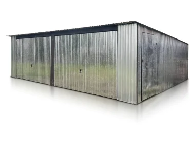 Skardinis garažas dviejų vietų, 7x5 m – stogas vienšlaitis, vartai pakeliami, Cinkuotas – Modelis 2