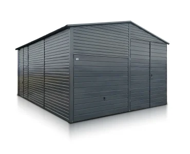Skardinis angaras 6x8 m – stogas dvišlaitis, vartai pakeliami, Grafitas – Modelis 2