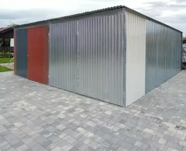 Skardinis garažas 6x6 m – stogas vienšlaitis, vartai dvivėriai, daugiaspalvis, III rūšis