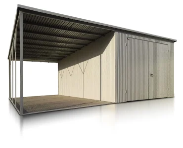 Skardinis garažas dviejų vietų, 4x6 m – stogas vienšlaitis, vartai dvivėriai, Balta