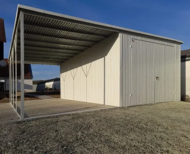 Skardinis garažas dviejų vietų, 4x6 m – stogas vienšlaitis, vartai dvivėriai, Balta