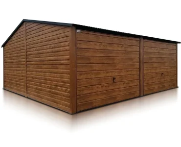 Skardinis garažas dviejų vietų, 6x6 m – stogas dvišlaitis, vartai pakeliami, Medžio imitacijos – Modelis 5