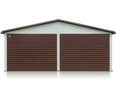 Skardinis garažas dviejų vietų, 6x6 m – stogas dvišlaitis, vartai pakeliami, Balta