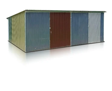 Skardinis garažas dviejų vietų, 6x5 m – stogas vienšlaitis, vartai dvivėriai, daugiaspalvis, III rūšis