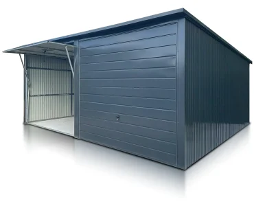 Skardinis garažas dviejų vietų, 6x5 m – stogas vienšlaitis, vartai pakeliami, Grafitas – Modelis 2