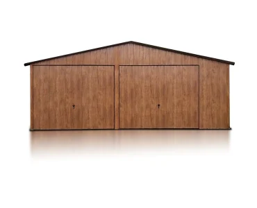 Skardinis garažas dviejų vietų, 6,5x5 m – stogas dvišlaitis, vartai pakeliami, Medžio imitacijos – Modelis 2
