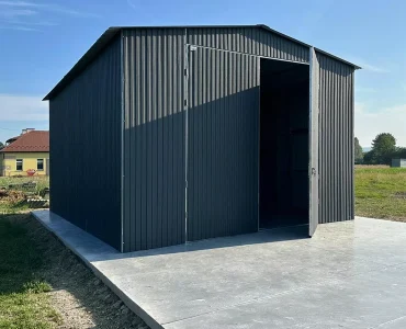 Skardinis angaras 5x6 m – stogas dvišlaitis, vartai dvivėriai, Grafitas