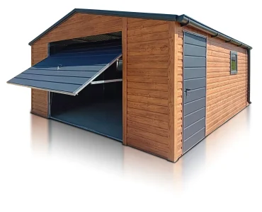 Skardinis garažas 5x6 m – stogas dvišlaitis, vartai pakeliami, Medžio imitacijos – Modelis 3