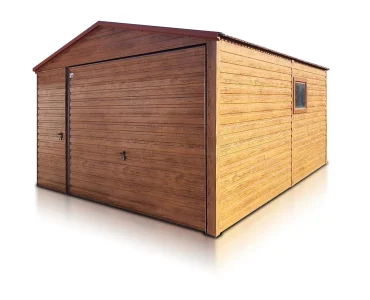 Skardinis garažas 4x5 m – stogas dvišlaitis, vartai pakeliami, Medžio imitacijos – Modelis 6