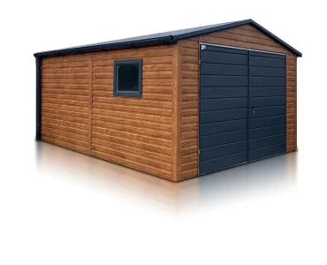 Skardinis garažas 4x5 m – stogas dvišlaitis, vartai dvivėriai, Medžio imitacijos – Modelis 2