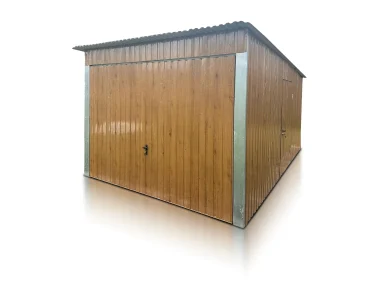 Skardinis garažas 3x5 m – stogas vienšlaitis, vartai pakeliami, Medžio imitacijos – Modelis 6