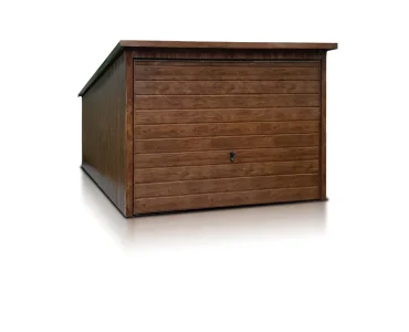 Skardinis garažas 3x5 m – stogas vienšlaitis, vartai pakeliami, Medžio imitacijos – Modelis 5
