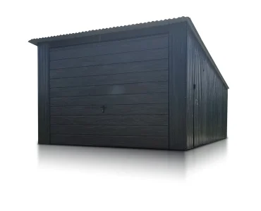 Skardinis garažas 3,5x6 m – stogas vienšlaitis, vartai pakeliami, Medžio imitacijos – Modelis 2