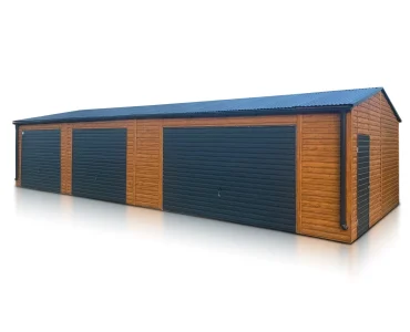 Skardinis garažas trijų vietų, 13x6 m – stogas dvišlaitis, vartai pakeliami, Medžio imitacijos