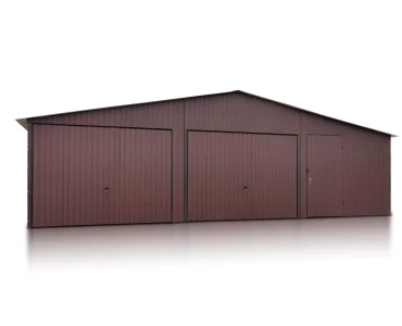 Skardinis garažas dviejų vietų, 9x5 m – stogas dvišlaitis, vartai pakeliami, Tamsiai ruda