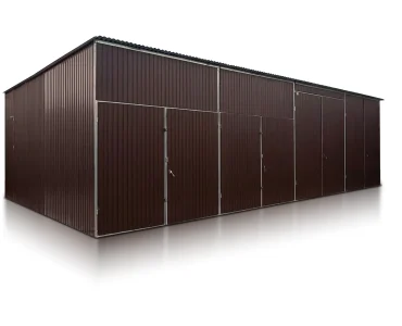 Skardinis angaras 12x6 m – stogas vienšlaitis, vartai dvivėriai, Tamsiai ruda