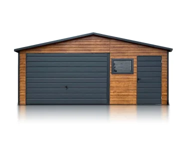 Skardinis garažas 6x5 m – stogas dvišlaitis, vartai pakeliami, Medžio imitacijos – Modelis 2
