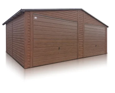 Skardinis garažas dviejų vietų, 7x5 m – stogas dvišlaitis, vartai pakeliami, Medžio imitacijos – Modelis 4