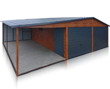 Skardinis garažas dviejų vietų, 6x5 m – stogas dvišlaitis, vartai pakeliami, Medžio imitacijos – Modelis 9