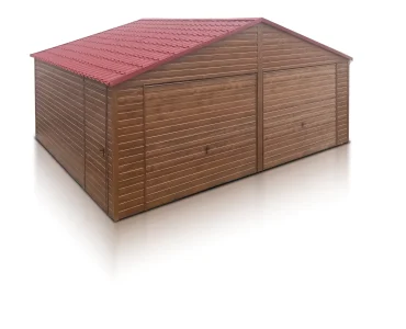 Skardinis garažas dviejų vietų, 7x5 m – stogas dvišlaitis, vartai pakeliami, Medžio imitacijos – Modelis 3