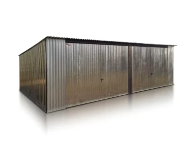 Skardinis garažas dviejų vietų, 7x5 m – stogas vienšlaitis, vartai pakeliami, Cinkuotas