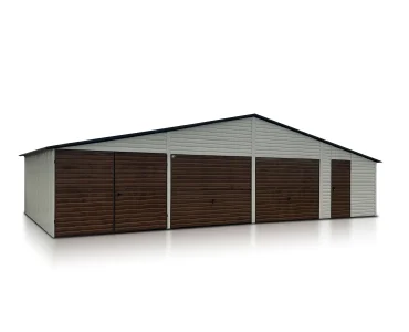 Skardinis garažas trijų vietų, 12x6 m – stogas dvišlaitis, vartai pakeliami, Medžio imitacijos Balta