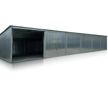 Skardinis garažas 18x5 m – stogas vienšlaitis, vartai pakeliami, Cinkuotas