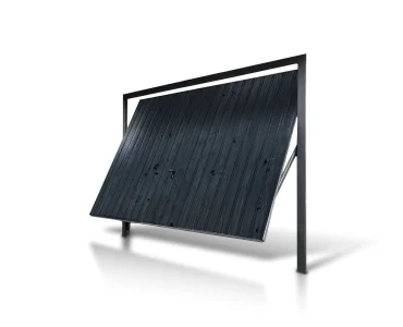 Pakeliami vartai 3x2,5 m, Medžio imitacijos, vertikalus profiliavimas, plokštė 10 cm