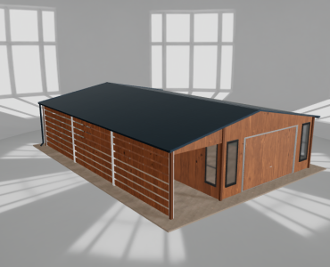 Skardinis garažas 5x9,5 m su ūkine patalpa ir stogine, Medžio imitacijos – Modelis 2