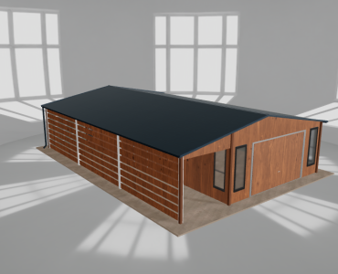 Skardinis garažas 5x10 m su ūkine patalpa ir stogine, Medžio imitacijos – Modelis 2