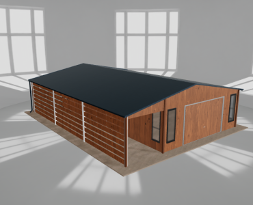 Skardinis garažas 5,5x9,5 m su ūkine patalpa ir stogine, Medžio imitacijos – Modelis 2
