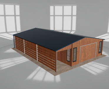 Skardinis garažas 5,5x10 m su ūkine patalpa ir stogine, Medžio imitacijos – Modelis 2