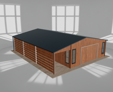 Skardinis garažas 6x9,5 m su ūkine patalpa ir stogine, Medžio imitacijos – Modelis 2