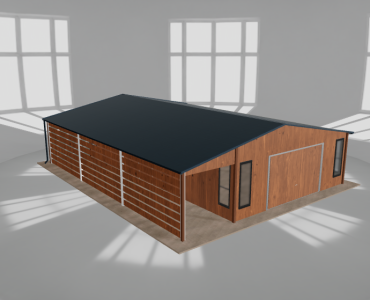 Skardinis garažas 6x10 m su ūkine patalpa ir stogine, Medžio imitacijos – Modelis 2