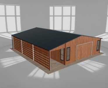Skardinis garažas 6,5x9,5 m su ūkine patalpa ir stogine, Medžio imitacijos – Modelis 2