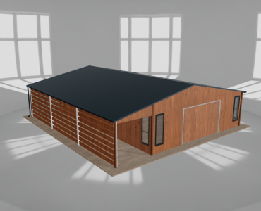 Skardinis garažas 7x9,5 m su ūkine patalpa ir stogine, Medžio imitacijos – Modelis 2
